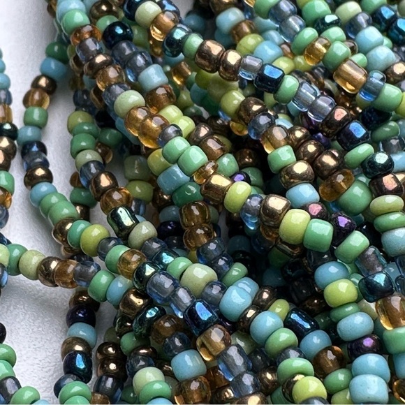 Glass seed-bead multi strand necklace in blue, green bronze lobster clasp 5309 L - Picture 11 of 16